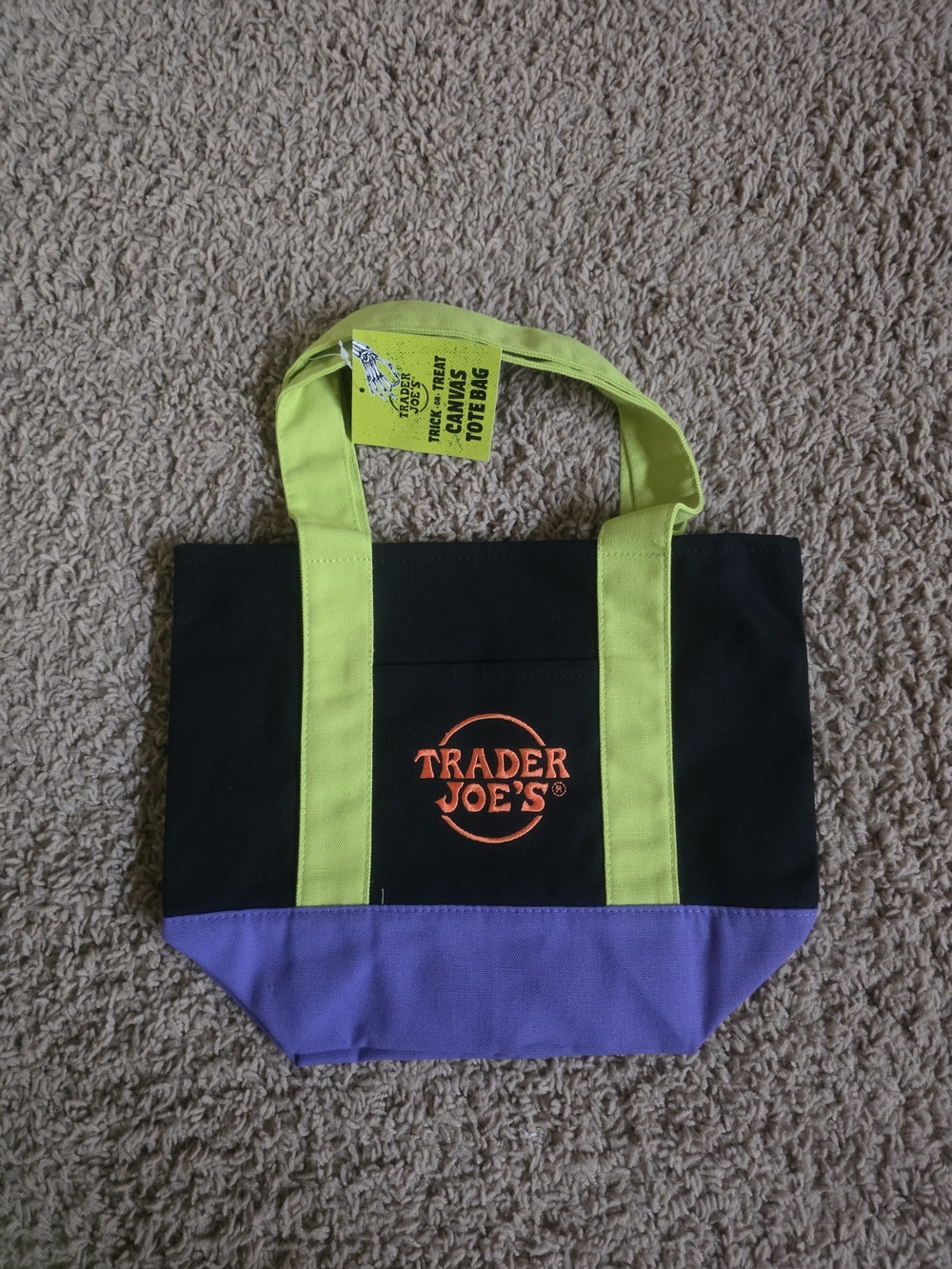 Trader Joe's Black Canvas Tote with Lime Handles and Purple Base